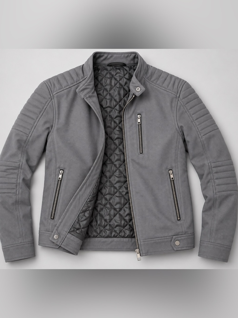 Zara Men's Quilted Lined Moto Jacket - Gray